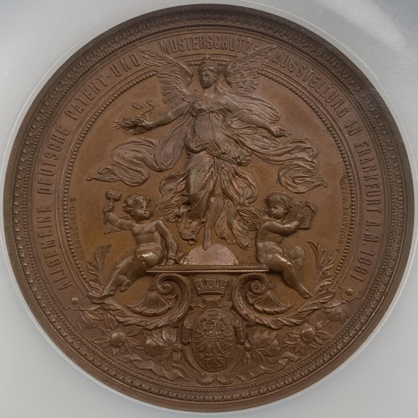 掌中浮雕-藏着的欧洲第059场 NGC MS64 ：1881年德国专利和设计展铜章，A. Scharff雕刻，63mm