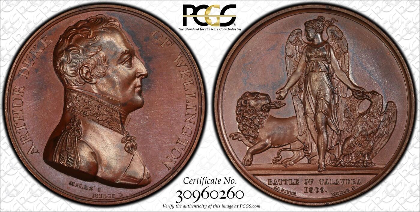 掌中浮雕-藏着的欧洲第059场 PCGS PR64  : 1809年英国惠灵顿公爵塔拉维拉战役胜利纪念铜章 , 41mm, 盒子有裂，不影响密封