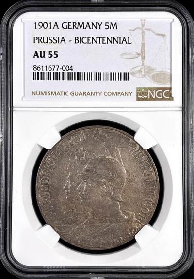 【雨安】【直播拍卖】【评级币章-132期】 2026-04-25 周六 19:30 (金价1050, 银价18.60)  [评级德国] Germany 德国 帝国 J.106 普鲁士 5马克 (1901) 建国 1901年  NGC-AU55