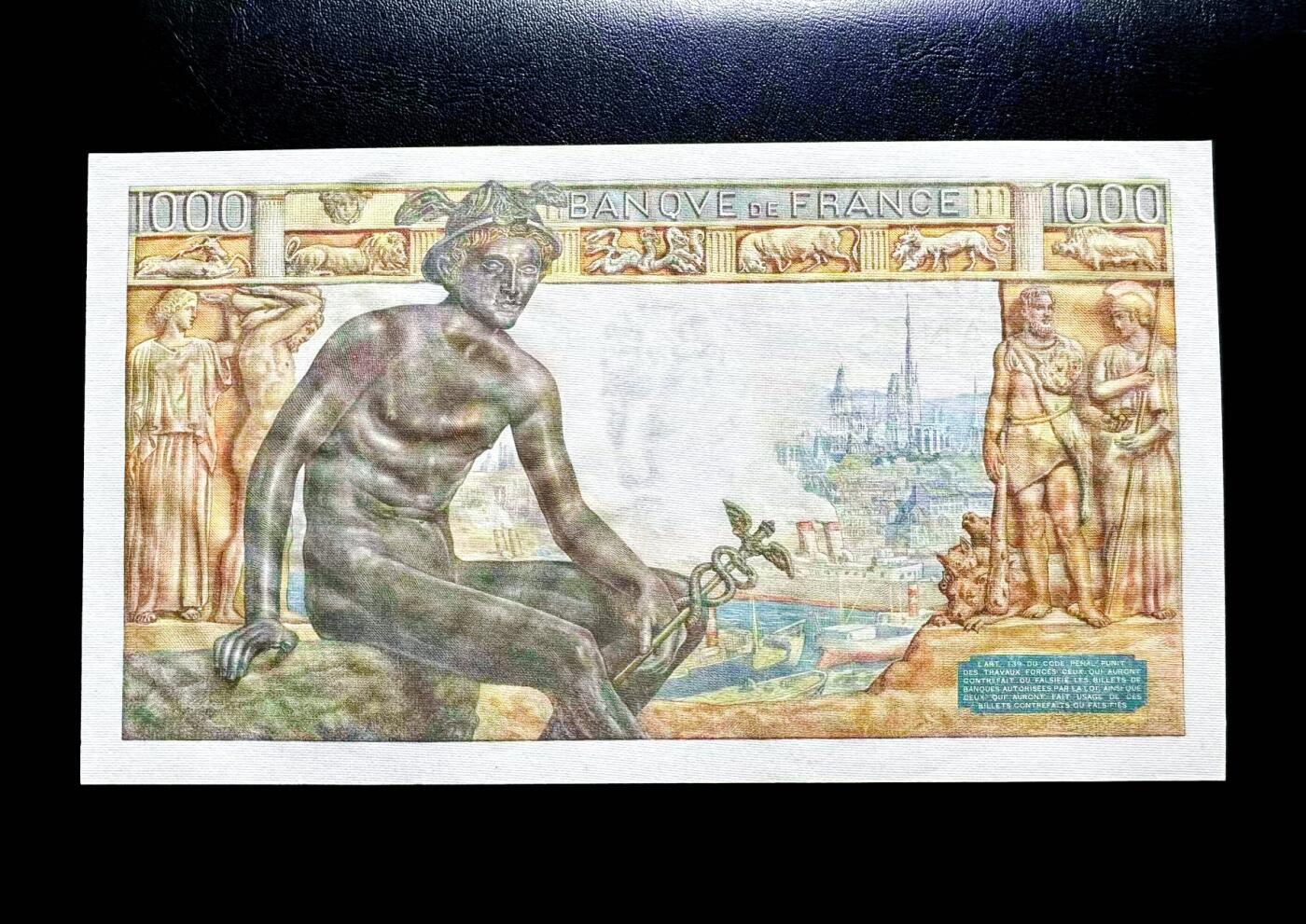 【Blue Auction】世界纸币精拍第812期——18级TOP拍卖/信誉/品质/专业/高效💫 【321倒顺子】法国 1943年1000法郎 大票幅 墨丘利 UNC灯下微斑