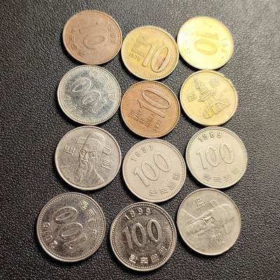 泉币菌-第230场-拍品多 请提前出价 12枚一组 韩国10韩元铜币 ➕100韩元硬币 混合年份