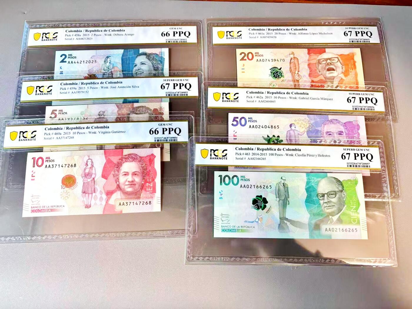 【Blue Auction】世界纸币精拍第812期——18级TOP拍卖/信誉/品质/专业/高效💫 【一组6张 AA冠含无47】哥伦比亚 2015年2000-10万比索 PCGS67EPQ-66EPQ