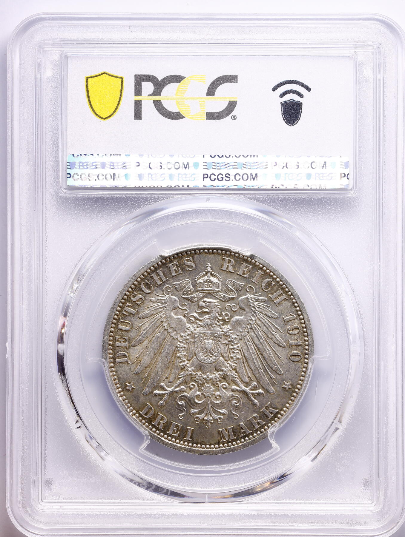 观钱 近现代机制币拍卖No.009（全场顺丰包邮，不区分偏远地区）  1910-A 德国吕贝克自由市 3 马克银币 PCGS MS65（双头鹰及背面帝国长翅鹰帅气精致，底板带金色彩包浆）