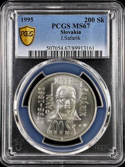 【雨安】【直播拍卖】【评级币章-132期】 2026-04-25 周六 19:30 (金价1050, 银价18.60)  [评级现代] Slovakia 斯洛伐克 200克朗 1995年 语言学家沙法里克 Safarik  PCGS-MS67