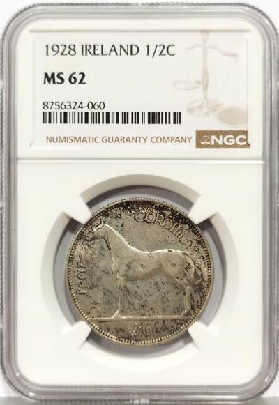 博洋堂“生趣盎然”4月精品专场暨第169期（全场包邮） NGC MS62 爱尔兰1928年1/2克朗银币 由爱尔兰自由邦时期发行，为该套铸币中的最大面值。正面为爱尔兰猎马站立侧像，背面为经典爱尔兰竖琴标志。该枚币面覆盖亮眼五彩包浆，状态略低评，购于香港。