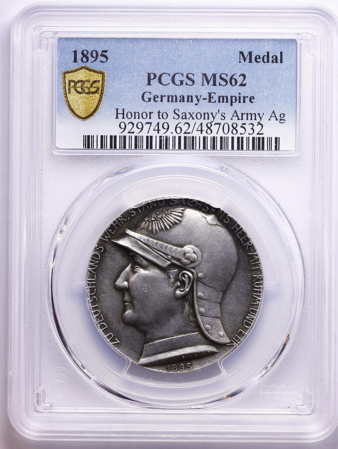 观钱 近现代机制币拍卖No.009（全场顺丰包邮，不区分偏远地区）  1895 年德意志帝国 “致敬萨克森军队” 银质纪念章 PCGS MS62 （头戴带羽饰普鲁士头盔的士兵高浮雕工艺，币面设计非常漂亮）