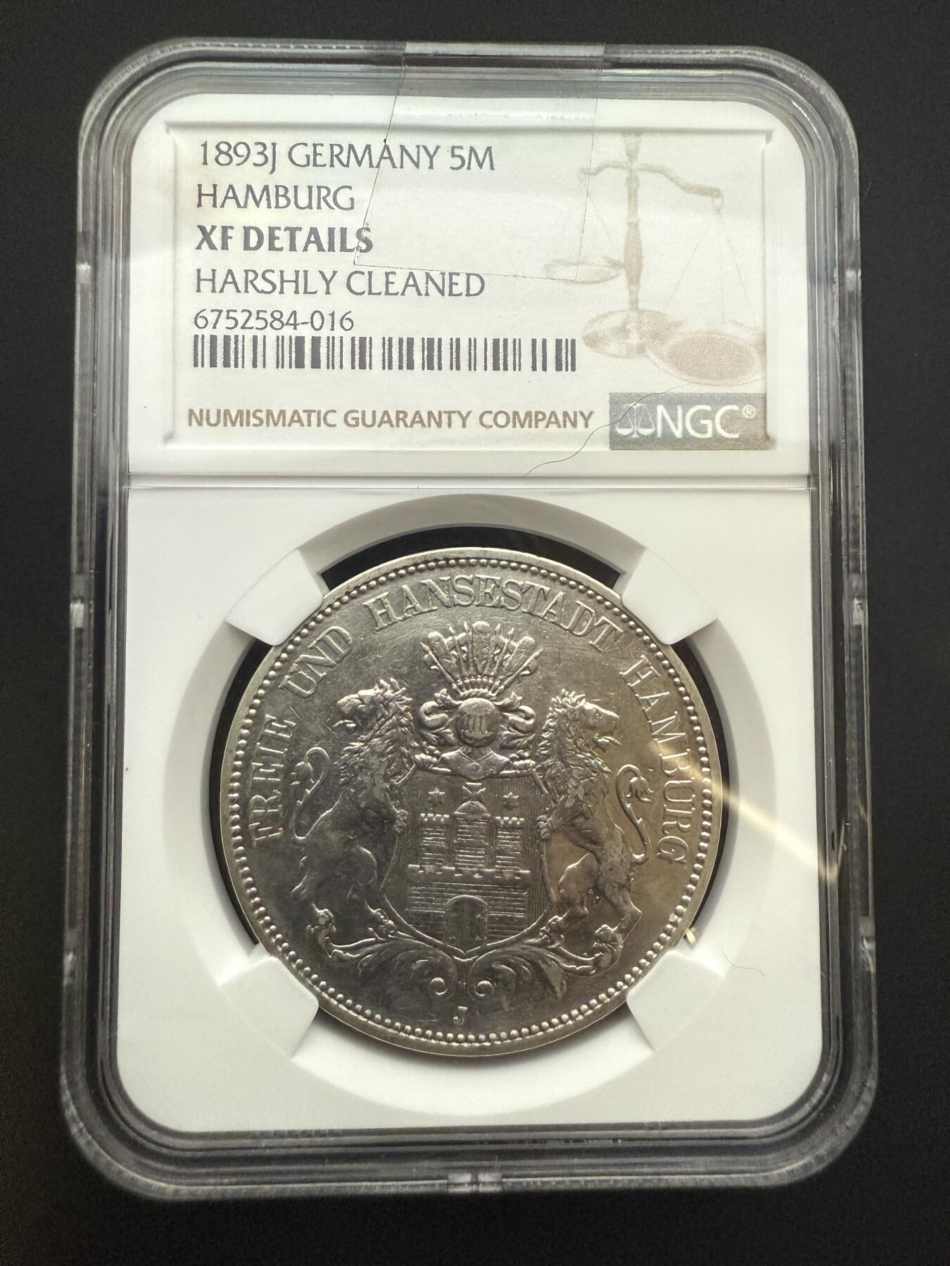 【周六 19:30】乾藏阁外国银币专场・裸币 / 评级币 + 银章铜章 保真包老 德国1893年J厂汉堡自由市5马克银币 NGC XF Details