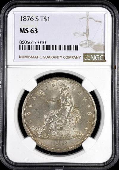 【雨安】【直播拍卖】【评级币章-132期】 2026-04-25 周六 19:30 (金价1050, 银价18.60)  [评级美洲] USA 美国 1美元 KM#0108 (1873-1885) 拿花 1876年S  NGC-MS63