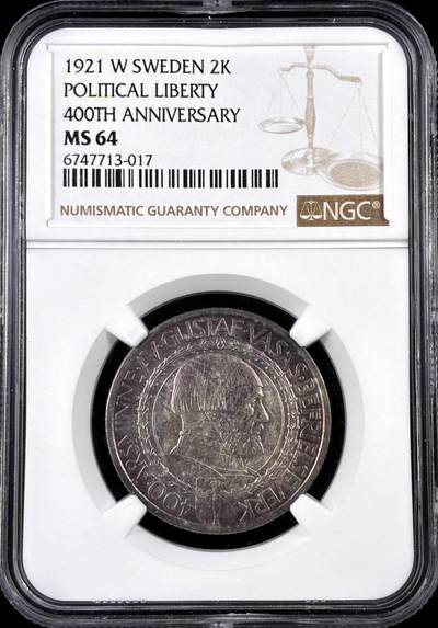【雨安】【直播拍卖】【评级币章-132期】 2026-04-25 周六 19:30 (金价1050, 银价18.60)  [评级欧洲] Sweden 瑞典 2克朗 1921年 政治自由400周年  NGC-MS64