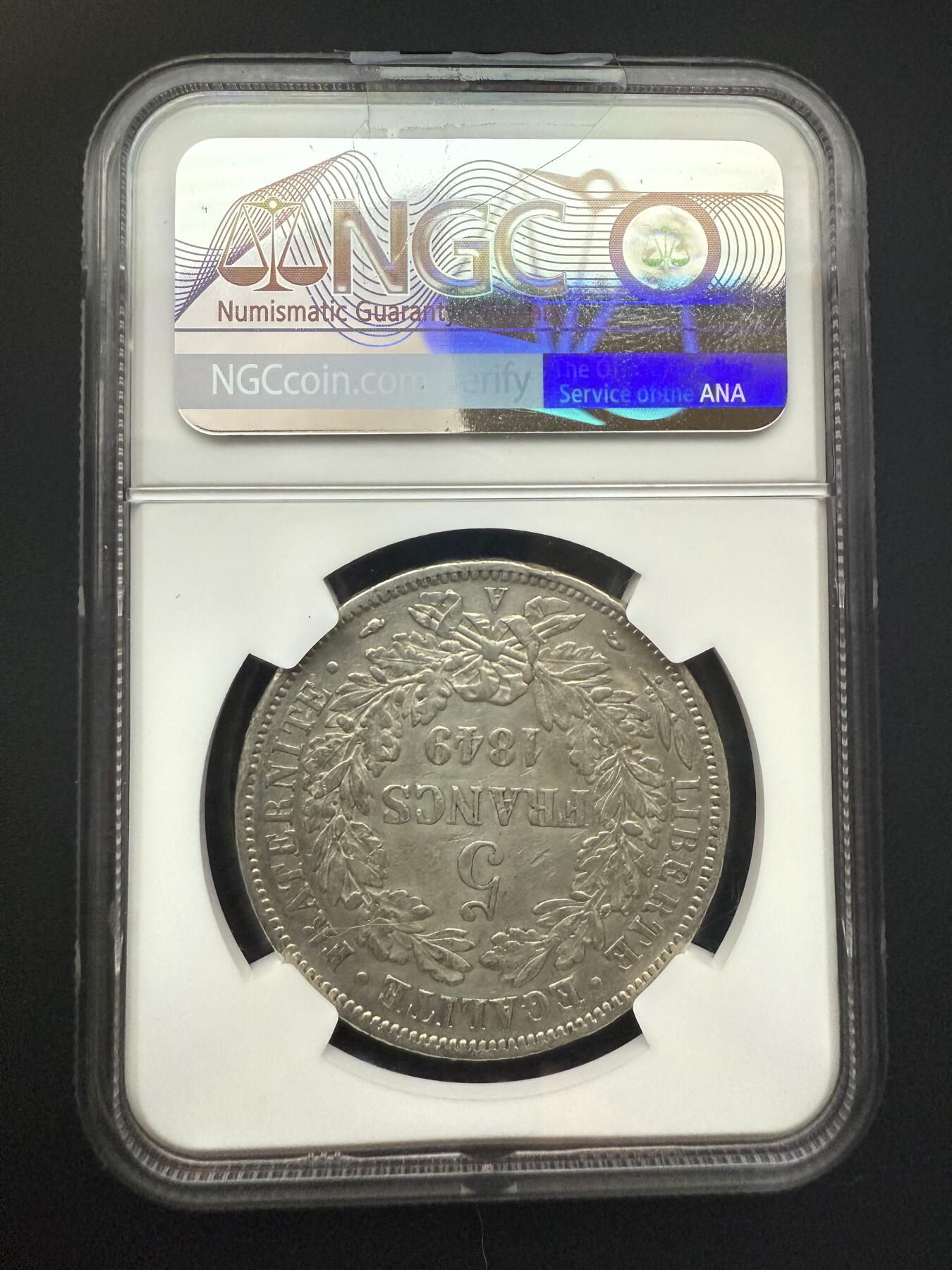 【周六 19:30】乾藏阁外国银币专场・裸币 / 评级币 + 银章铜章 保真包老 法国1849年A厂谷物女神色雷斯5法郎银币 NGC XF Details