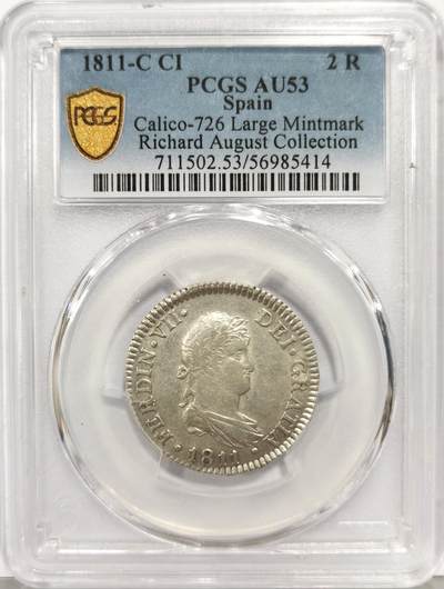 博洋堂“生趣盎然”4月精品专场暨第169期（全场包邮） PCGS AU53 西班牙1811年C CI斐迪南七世2里亚尔银币，罕见品种，名家旧藏，仅有2枚更高分