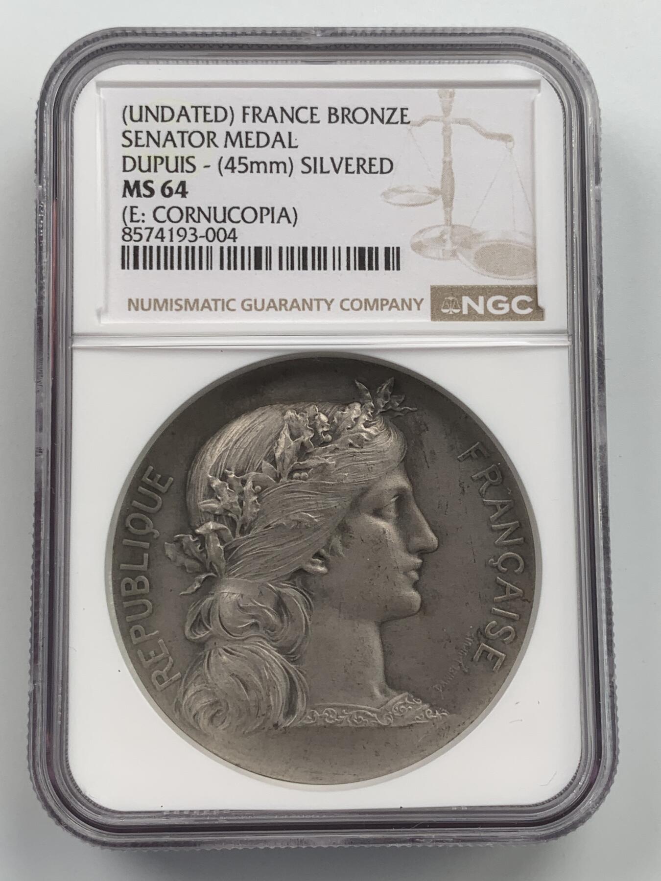 掌中浮雕-藏着的欧洲第059场 NGC MS64 : 法国玛丽安娜镀银铜章，参议员奖章，45mm