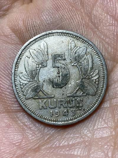 2026年第四十七场(总第二百一十六场）外国好品散币场(免佣金) 土耳其🇹🇷1943年5库鲁什(独立后第三套流通硬币，关门年)