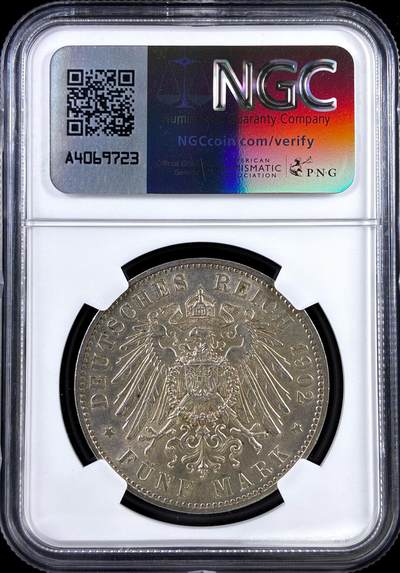 【雨安】【直播拍卖】【评级币章-132期】 2026-04-25 周六 19:30 (金价1050, 银价18.60)  [评级德国] Germany 德国 帝国 J.128 萨克森 5马克 (1902) 阿尔伯特逝世 1902年  NGC-MS63