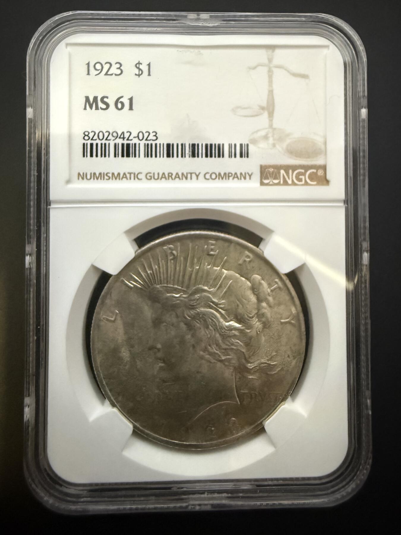 【周六 19:30】乾藏阁外国银币专场・裸币 / 评级币 + 银章铜章 保真包老 美国1923年和平银元1美元银币 NGC MS61