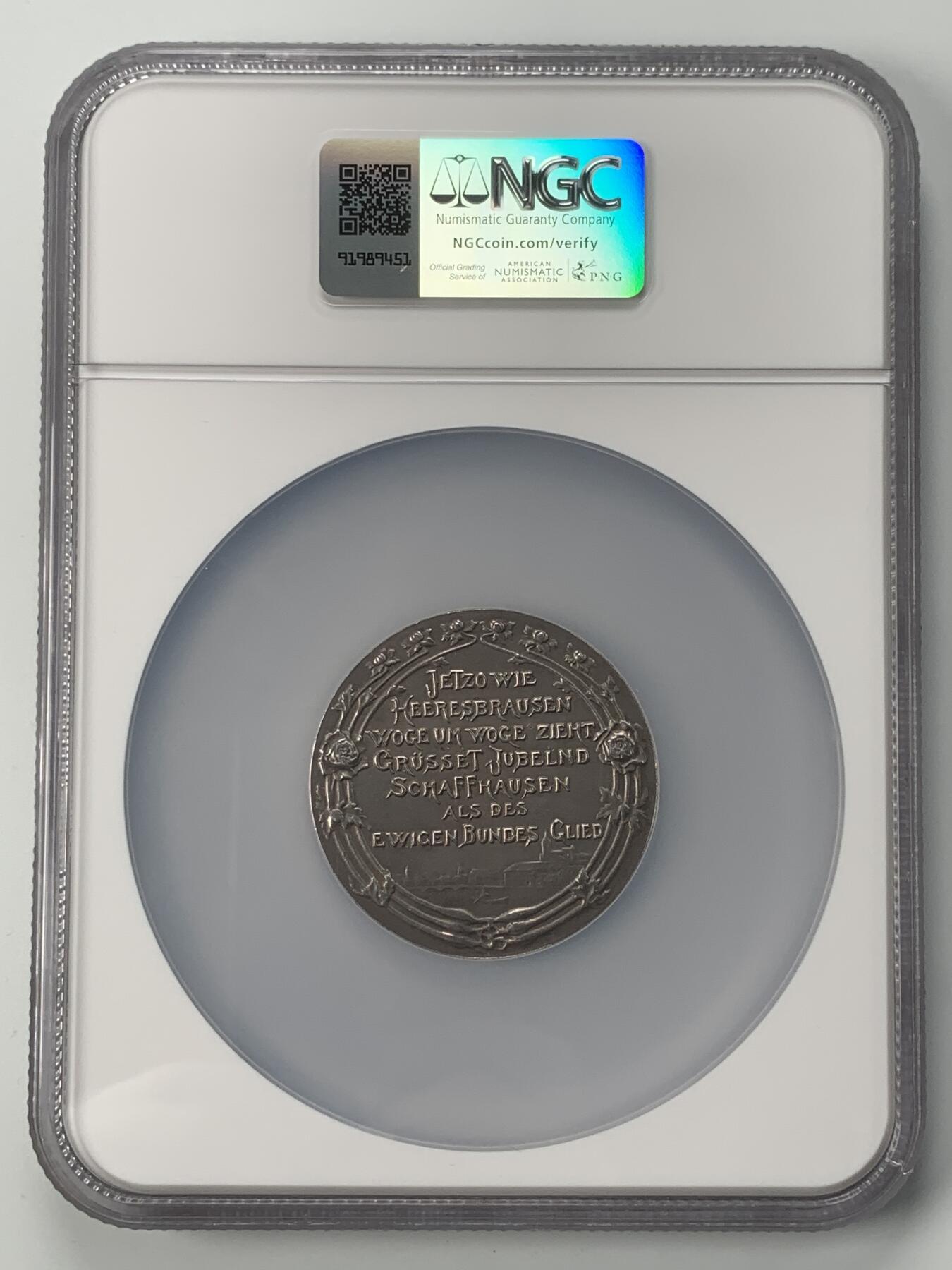 掌中浮雕-藏着的欧洲第059场 NGC MS63 : 1901年沙夫豪森加入瑞士联邦400周年银章，48mm