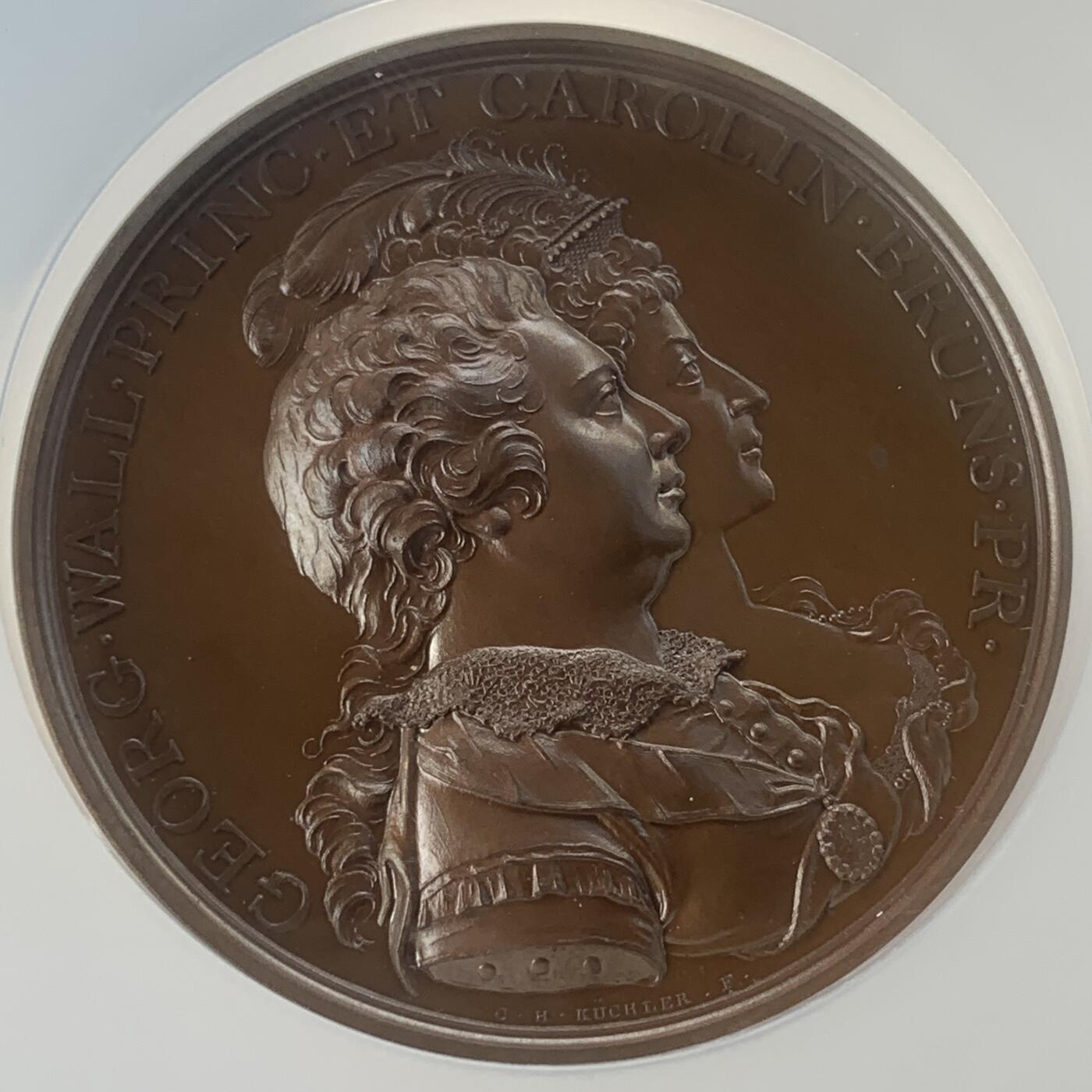 掌中浮雕-藏着的欧洲第059场 NGC MS66 : 1795年英国王储（乔治四世）大婚纪念铜章，48mm