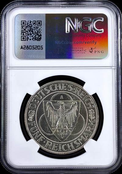 【雨安】【直播拍卖】【评级币章-132期】 2026-04-25 周六 19:30 (金价1050, 银价18.60)  [评级德国] Germany 德国 魏玛 5马克 KM#71 莱茵兰鹰桥 1930年  NGC-UNC