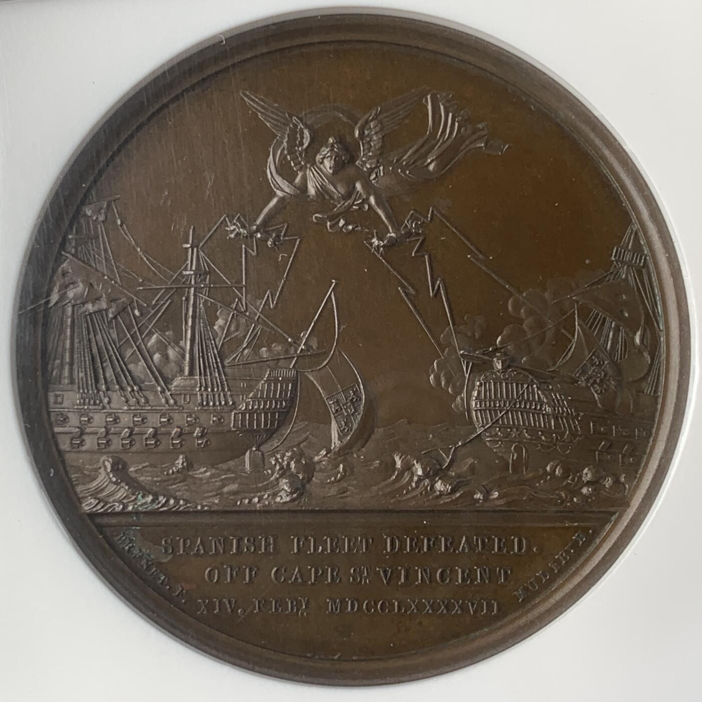 掌中浮雕-藏着的欧洲第059场 NGC MS64 : 1797英国海军圣文森特角海战击败西班牙舰队纪念铜章，41mm，类镜面底板