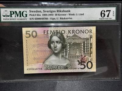 《外钞收藏家》第六百二十九期（精品场）（长期征集拍品、欢迎藏友们联系合作） 1996-2008年瑞典50克朗 初版 夜莺 PMG67 尾88