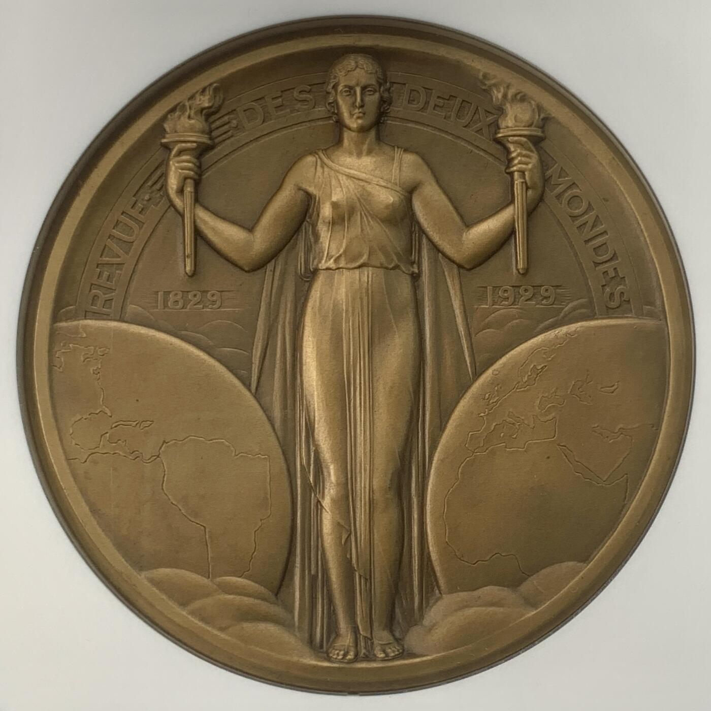 掌中浮雕-藏着的欧洲第059场 NGC MS65 : 1929年法国“两个世界的审阅一百周年纪念”纪念铜章，98mm，裸章重约450克   