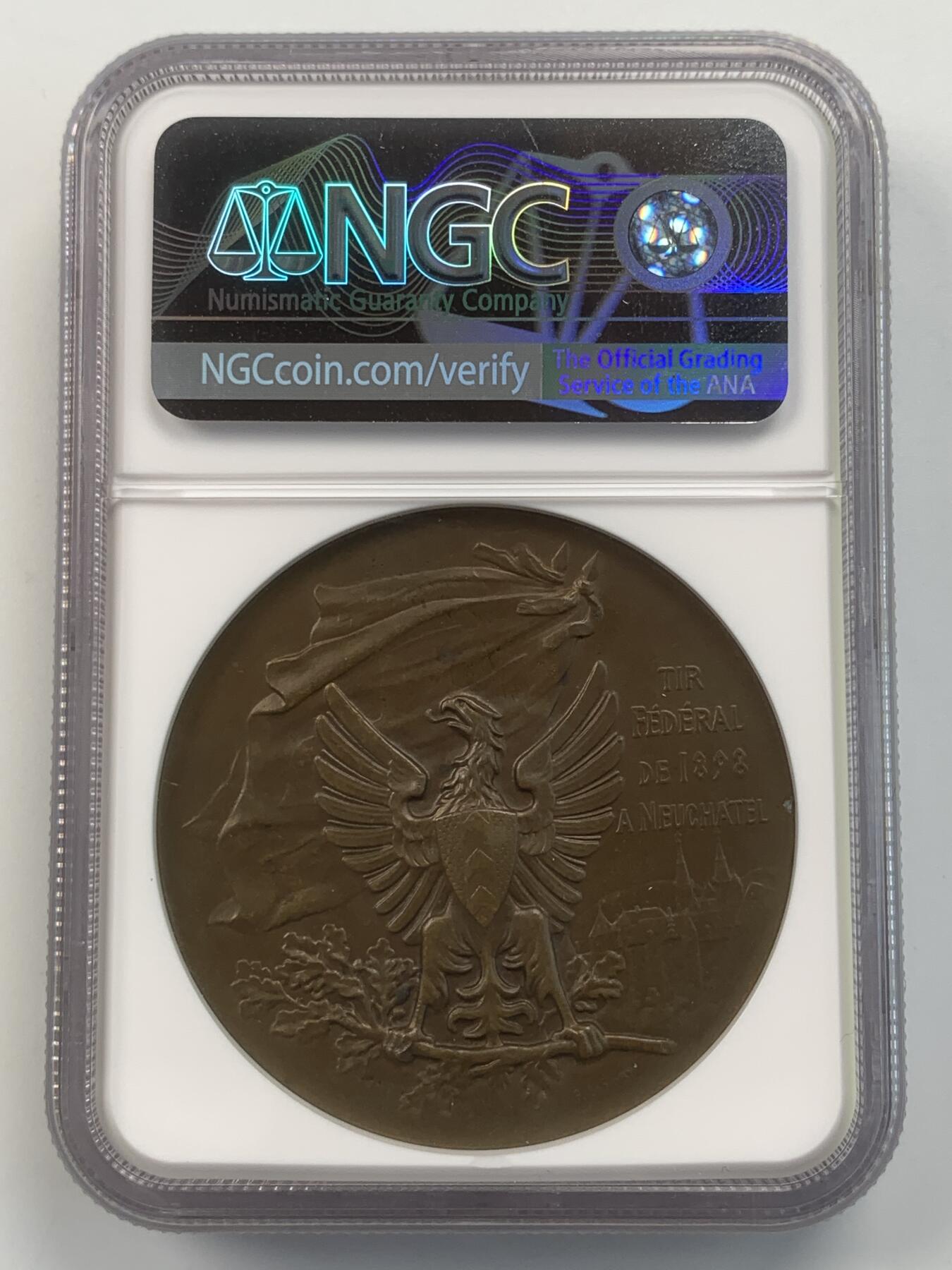 掌中浮雕-藏着的欧洲第059场 NGC MS64 : 1898年瑞士纳沙泰尔射击节铜章，45mm