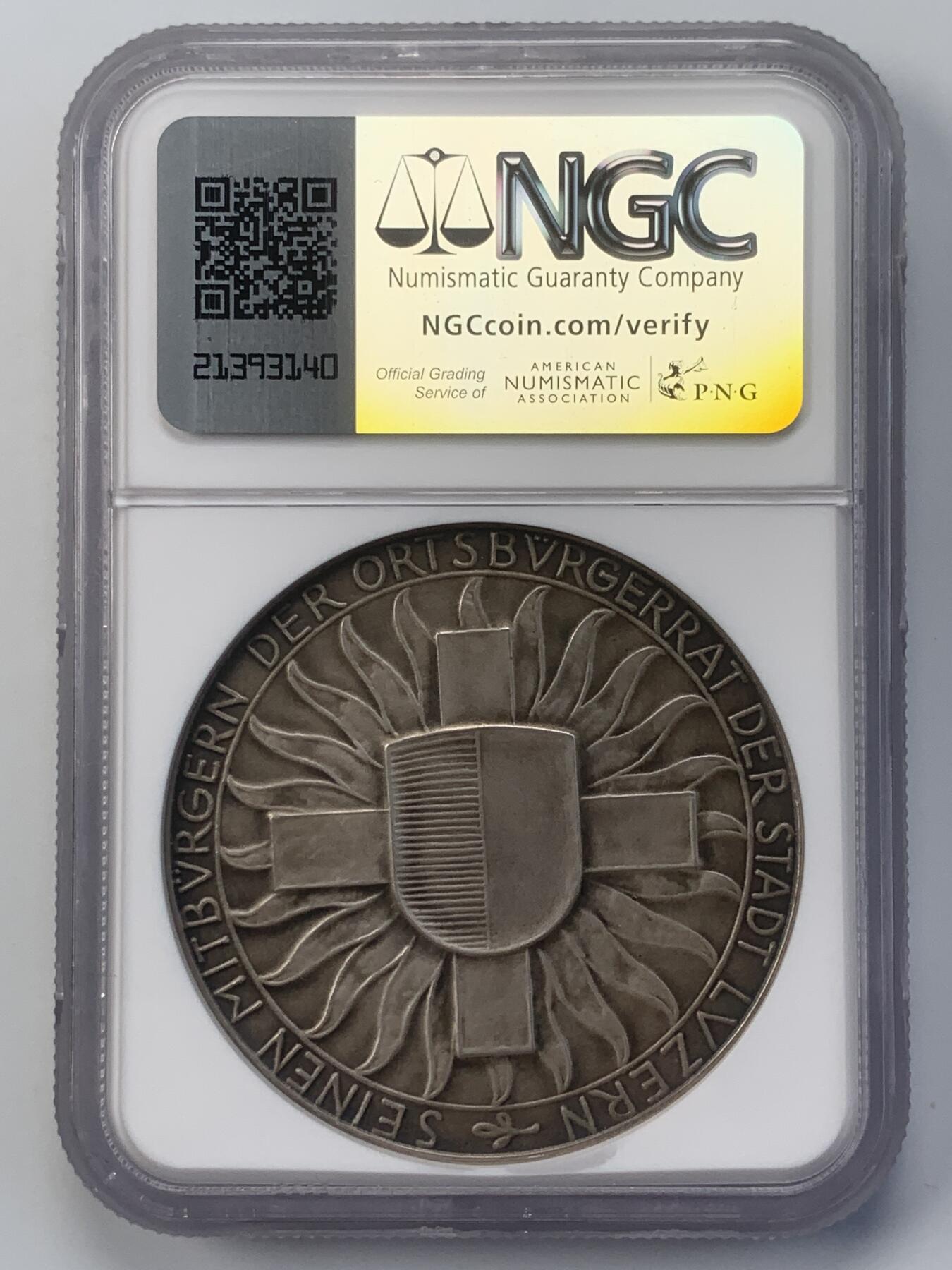 掌中浮雕-藏着的欧洲第059场 NGC MS64 ：1918年瑞士忠诚边防军纪念银章，45mm