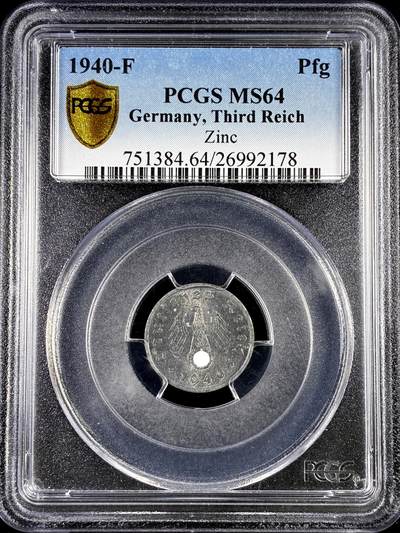 【雨安】【直播拍卖】【评级币章-132期】 2026-04-25 周六 19:30 (金价1050, 银价18.60)  [评级德国] Germany 德国 第三帝国 1芬尼 1940年F  PCGS-MS64