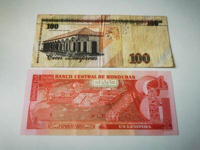 零零发流通品外国纸币拍卖 无佣金 洪都拉斯2张 100有裂口