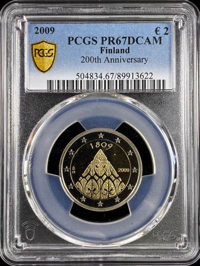 【雨安】【直播拍卖】【评级币章-132期】 2026-04-25 周六 19:30 (金价1050, 银价18.60)  [评级欧元] Finland 欧元 芬兰 2欧元 2009年 芬兰200周年 PCGS-PR67DCAM 精制币