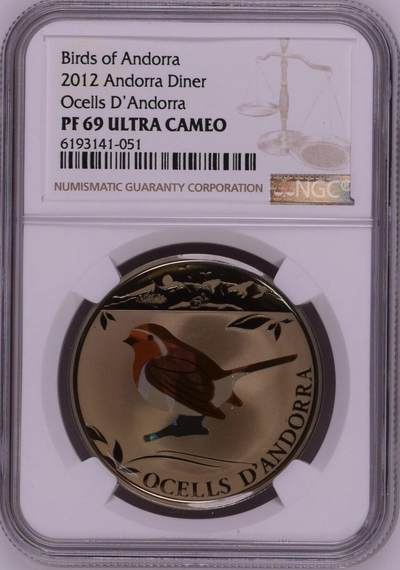 S&S Numismatic世界钱币-拍卖 第126期  安道尔2012年 安道尔的鸟类-红胸知更鸟 1第纳尔精制彩色炫彩纪念币 NGC PF69UC