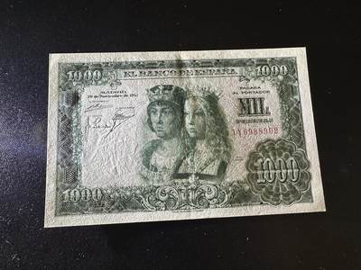 《外钞收藏家》第六百二十九期（精品场）（长期征集拍品、欢迎藏友们联系合作） 1957年西班牙1000比塞塔 AU品相 朦胧号