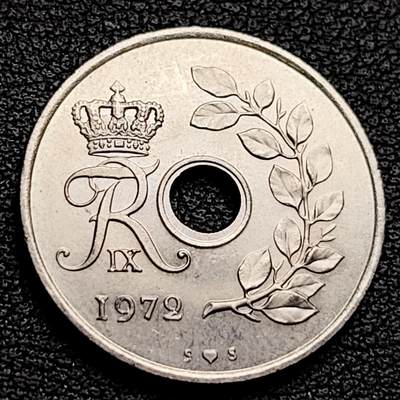 泉币菌-第230场-拍品多 请提前出价 丹麦1972年25欧尔中孔镍币 玛格丽特二世花押 