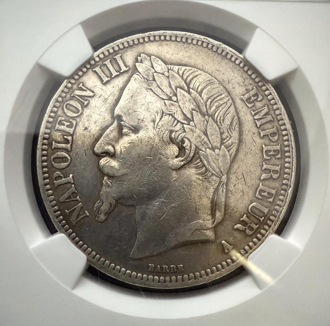 【周六 19:30】乾藏阁外国银币专场・裸币 / 评级币 + 银章铜章 保真包老 法国1867年A厂拿破仑三世5法郎银币 NGC XF Details