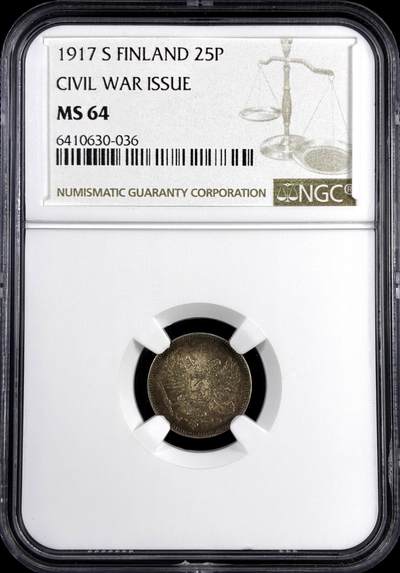 【雨安】【直播拍卖】【评级币章-132期】 2026-04-25 周六 19:30 (金价1050, 银价18.60)  [评级欧洲] Finland 芬兰 25芬尼 1917年 内战版  NGC-MS64