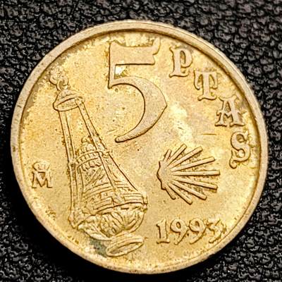 泉币菌-第230场-拍品多 请提前出价 圣詹姆斯雕像 西班牙1993年5比塞塔铜铝镍纪念币17.5mm3.0g雅各布