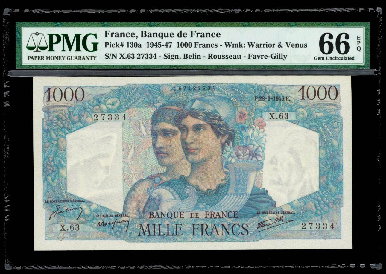 【Blue Auction】世界纸币精拍第812期——18级TOP拍卖/信誉/品质/专业/高效💫 【a版首年】法国 1945年1000法郎 PMG66EPQ 设计精美 双水印
