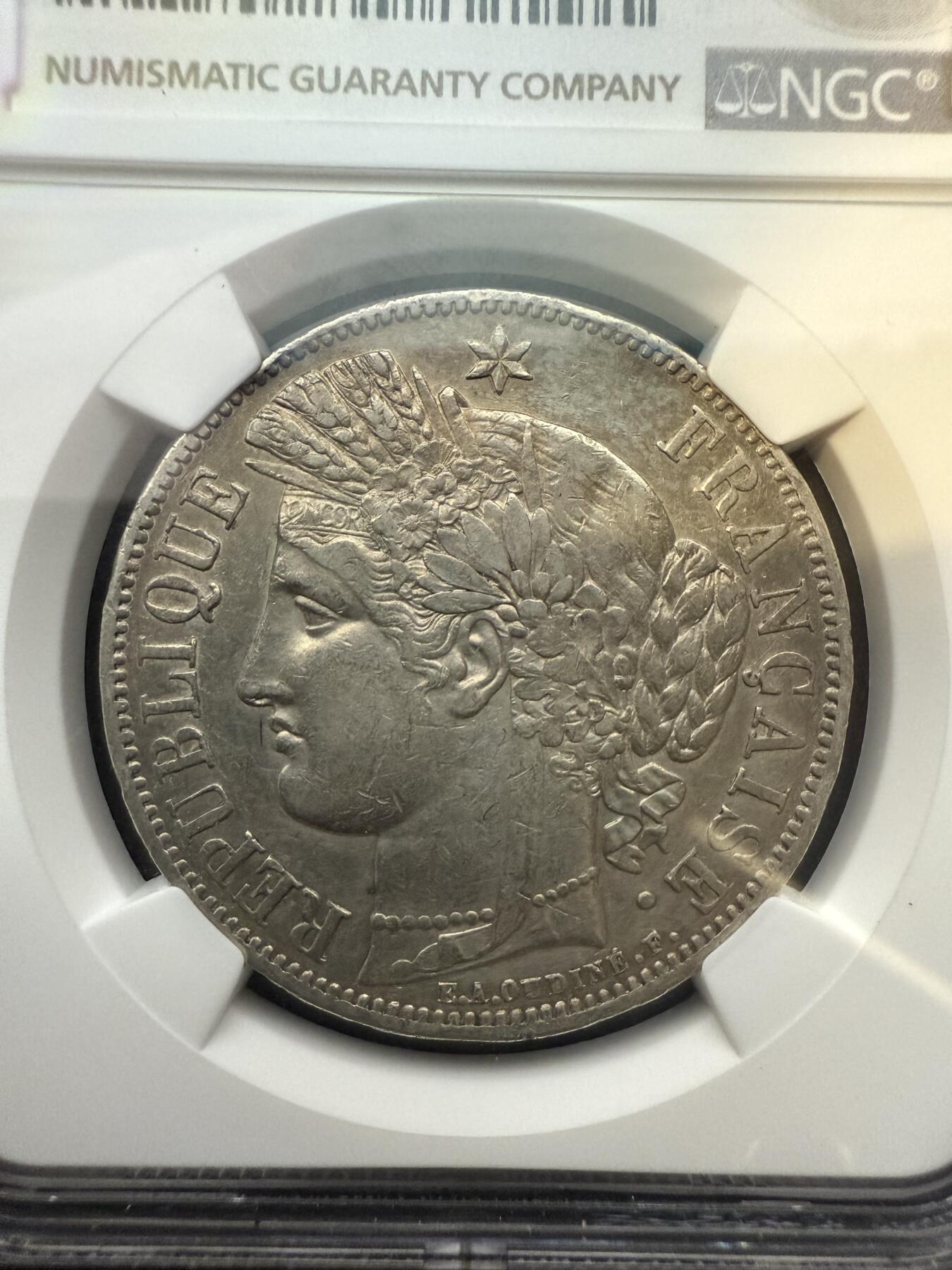 【周六 19:30】乾藏阁外国银币专场・裸币 / 评级币 + 银章铜章 保真包老 法国1849年A厂谷物女神色雷斯5法郎银币 NGC XF Details