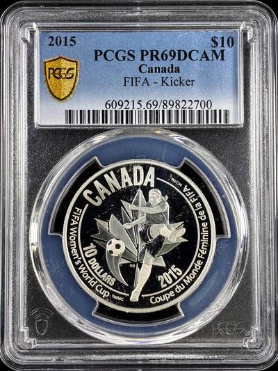 【雨安】【直播拍卖】【评级币章-132期】 2026-04-25 周六 19:30 (金价1050, 银价18.60)  [评级现代] Canada 加拿大 10元 2015年 FIFA-踢球 PCGS-PR69DCAM 精制币