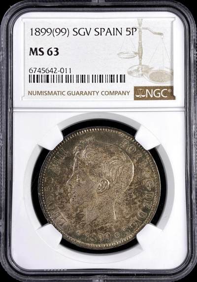 【雨安】【直播拍卖】【评级币章-132期】 2026-04-25 周六 19:30 (金价1050, 银价18.60)  [评级欧洲] Spain 西班牙 5比塞塔 1899年 阿方索十三世  NGC-MS63