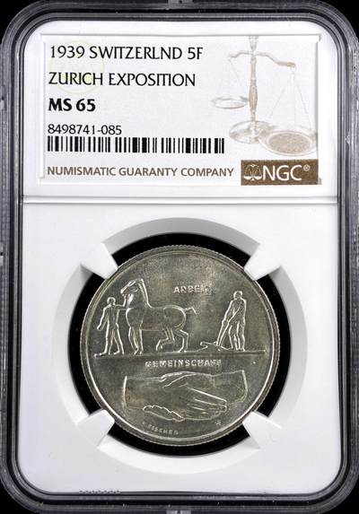 【雨安】【直播拍卖】【评级币章-132期】 2026-04-25 周六 19:30 (金价1050, 银价18.60)  [评级欧洲] Switzerland 瑞士 5法郎 1939年 苏黎世博览会 KM# 43  NGC-MS65