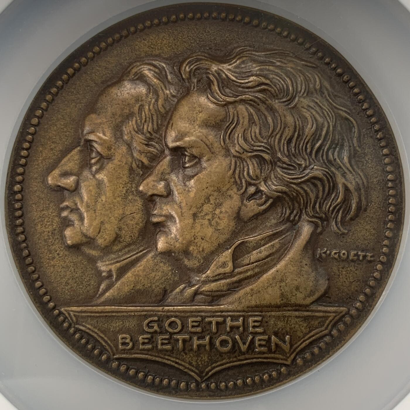 掌中浮雕-藏着的欧洲第059场 NGC MS63 : 1926年德国瓦特堡五月节，歌德&贝多芬铜章，75mm，大师卡尔哥茨作品，歌茨目录op367               