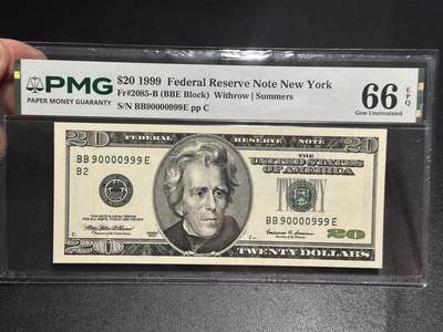 《外钞收藏家》第六百二十九期（精品场）（长期征集拍品、欢迎藏友们联系合作） 1999年美国大头版20美元 人二 豹子号999 超级圆圆号PMG66