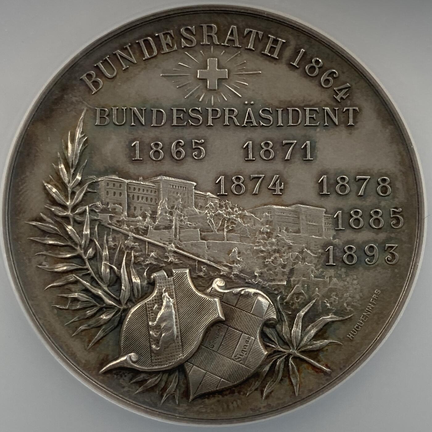 掌中浮雕-藏着的欧洲第059场 NGC MS63 : 1895年瑞士政治家约翰尼·卡尔·埃马纽埃尔·申克纪念银章，章背面记录了他六次担任联邦总统（1865、1871、1874、1878、1885、1893年），47mm