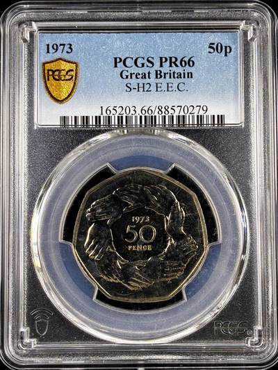 【雨安】【直播拍卖】【评级币章-132期】 2026-04-25 周六 19:30 (金价1050, 银价18.60)  [评级现代] Great Britain 英国 50便士 1973年 PCGS-PR66 精制币