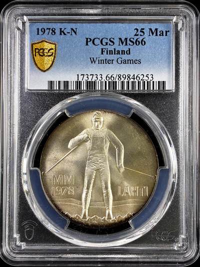 【雨安】【直播拍卖】【评级币章-132期】 2026-04-25 周六 19:30 (金价1050, 银价18.60)  [评级现代] Finland 芬兰 25马克 1978年 冬季运动  PCGS-MS66