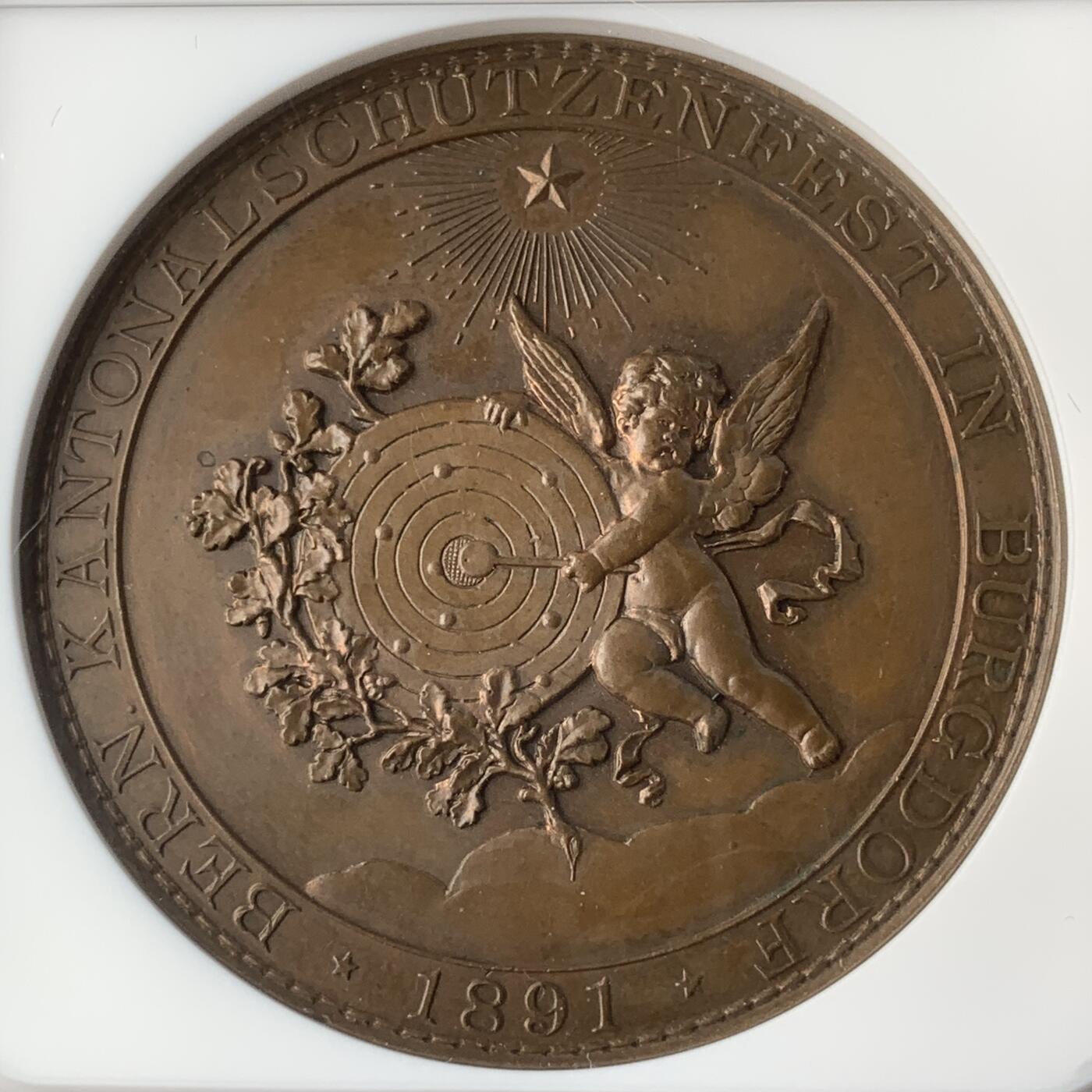掌中浮雕-藏着的欧洲第059场 NGC MS63 : 1891年瑞士伯尔尼射击节铜章，45mm