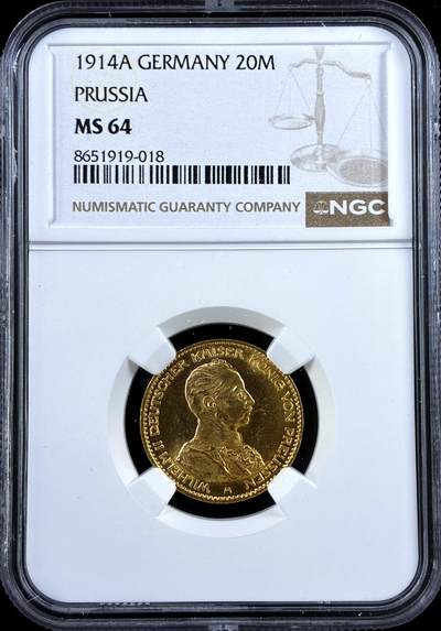 【雨安】【直播拍卖】【评级币章-132期】 2026-04-25 周六 19:30 (金价1050, 银价18.60)  [评级金铂] Germany [金币] 德国 帝国 J.253 Prussia普鲁士 20马克 (1913-1915) 威廉二世.军装 1914年  NGC-MS64 金光闪闪