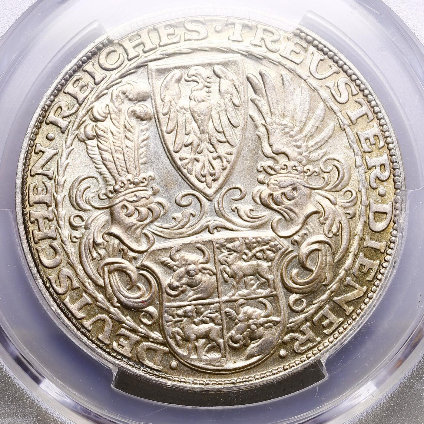 观钱 近现代机制币拍卖No.009（全场顺丰包邮，不区分偏远地区）  1927 年德国魏玛共和国兴登堡 80 寿辰 5 马克银质样章（PCGS SP64）精制版，镜面底板、喷砂浮雕，这个彩包浆能出SP64高分实属不易