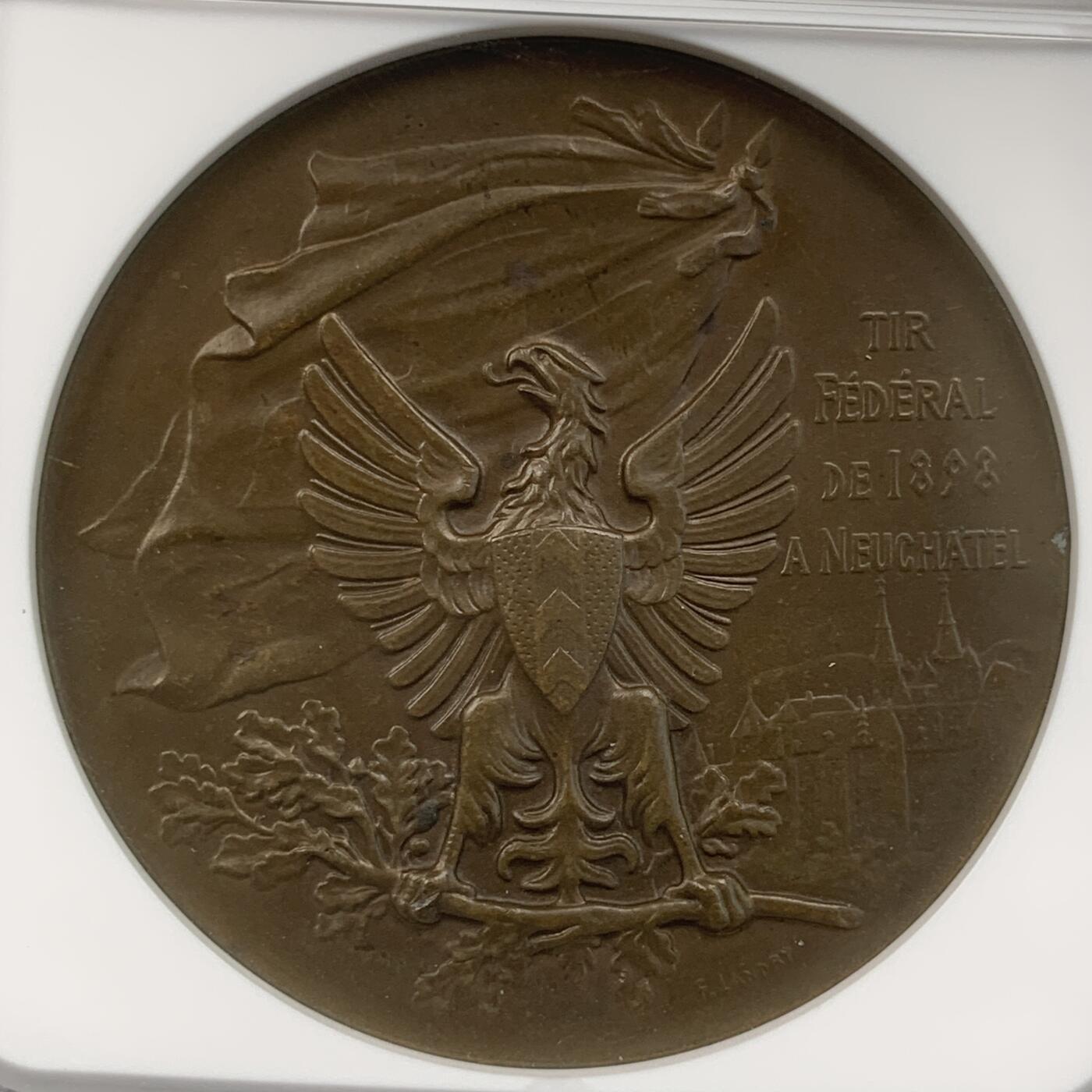 掌中浮雕-藏着的欧洲第059场 NGC MS64 : 1898年瑞士纳沙泰尔射击节铜章，45mm